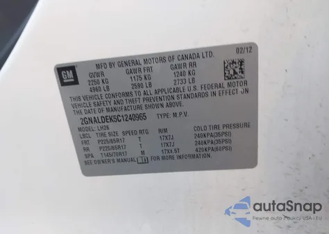 2012 Chevrolet Equinox 1Lt z USA, uszkodzony, nr VIN 2GNALDEK5C1240965